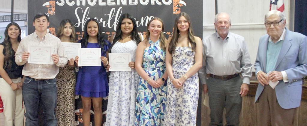 For the Wanda Johnson Beaudry Stanzel Memorial Scholarship presentation, on hand were (from left) Ruby Rodriguez, 2025 WJBS Scholar; Aidan Mendez, Jailyn Guerrero, Daysi Rico and Shalanie Olvera, 2026 recipients; Mikayla Otto, 2025 WJBS Scholar; Fay Kutac, 2025 WJBS Scholar; Bob Srubar, WJBS scholarship committee member; and Theodore Stanzel, who established the scholarship in partnership with the Stanzel Family Foundation.