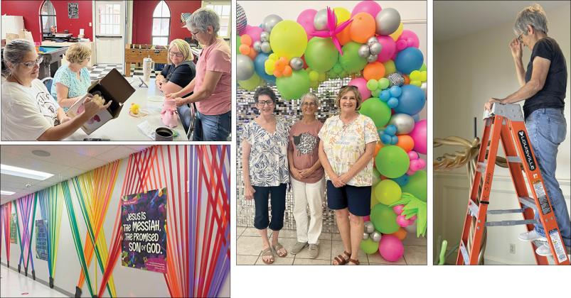 Making preparations – (on ladder) Ginger Tanagho; (seated at table, from left) VBS directors Vannessa Salem, Phyllis Jurica, Becky Heger and Ginger Tanagho; (standing with balloons, from left) FBC nursery director Debbie Florus with VBS directors Ginger Tanagho and Phyllis Jurica; and (bottom left) hallway with colorful decor and posters.