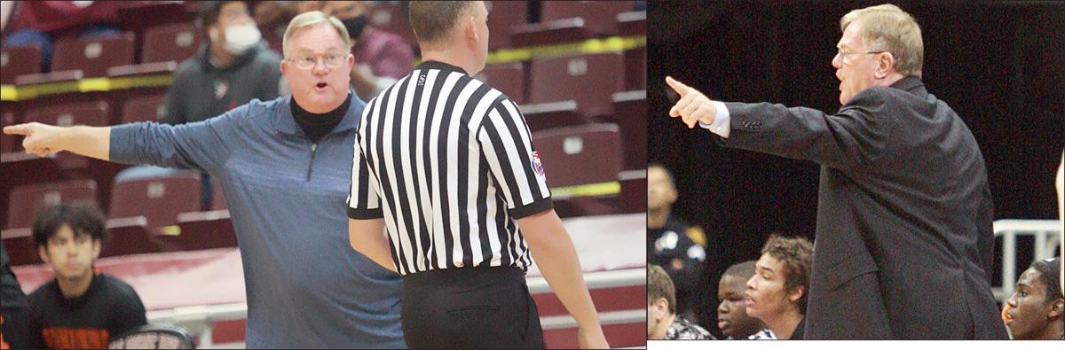 Coach Hoogendoorn makes his point known during the Shorthorns’ two state semifinal games – above, in 2021, against Grapeland in Aldine and, at right, against Dallardsville Big Sandy in 2015 at the San Antonio Alamodome. Sticker File Photos