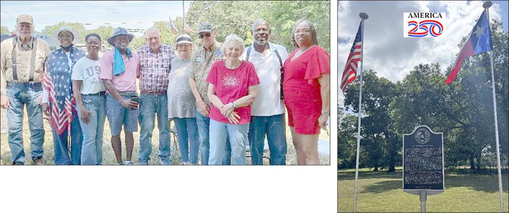 amonG THoSe PReSenT for the flag dedication at the Alleyton Cemetery were (photo above, from left)  Donald Peitert, Theresa Williams, Gina Carter, Tandy Carter, Roger Wade, Marilyn Wade, David Zachmeyer,  Judy Zachmeyer, Deacon Michael Fitzgerald and Monrovia Fitzgerald. The photo at right shows the flags on either side of the Alleyton Cemetery Texas Historical Marker.