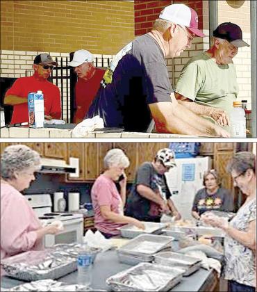 FiRSt BaPtiSt ChuRCh OF SChuLenBuRg provided a hamburger lunch for  Schulenburg ISD personnel on Thursday, Aug. 13. Shown are (top photo, from left) grill crew  Keith Hansen, Steve Bueltel, Kevin Castleman and Melvin Barta; and (bottom photo, from  left)Terese Klesel, Kerri Castleman, Karl Mendel, Phyllis Jurica and Debbie Florus.