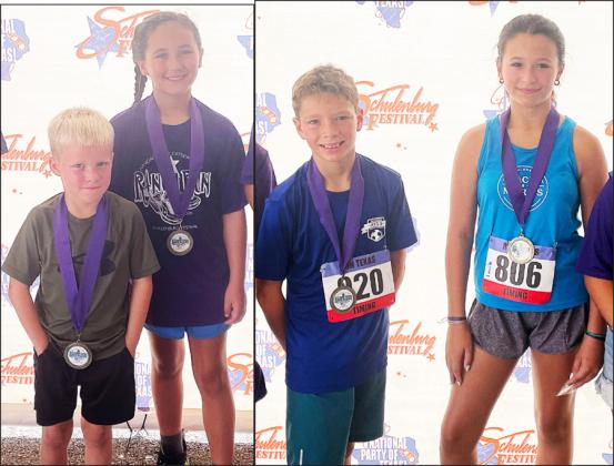 One-mile winners – (from left) Jaxson Eide and Raegan Miller (10 &amp; under); Conway  Kubeczka and Emma Miller (11-19). Sticker Photo By Darrell Vyvjala