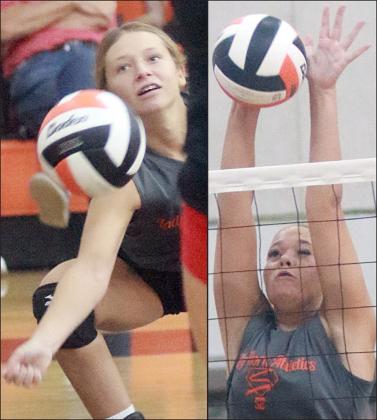 Michaela Kollmann (left) makes a lunging dig and Aubryn Janda gets a block against Brazos Friday. Sticker Photos By Darrell Vyvjala