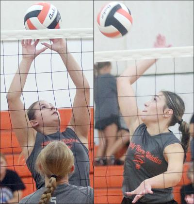 Haylee Vacek (left) taps over a ball and Greenli VanZandt (right) swings for kill during the Lady Horns’ scrimmages last Friday. The two senior outside hitters return as the team’s leaders in kills from a year ago. Sticker Photos By Darrell Vyvjala