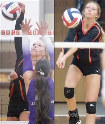Aubryn Janda (left) sends down a kill and Michaela Kollmann (right) picks up a dig in the won over Stockdale. Sticker Photos By Darrell Vyvjala