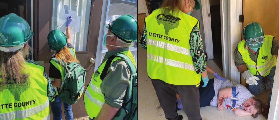 HANDS-ON TRAINING – The live drills that concluded the CERT training in Fayette County included (left photo) CERT team members using FEMA markings to indicate a building has been searched and (right photo) two team members treating a person portraying a tornado victim.
