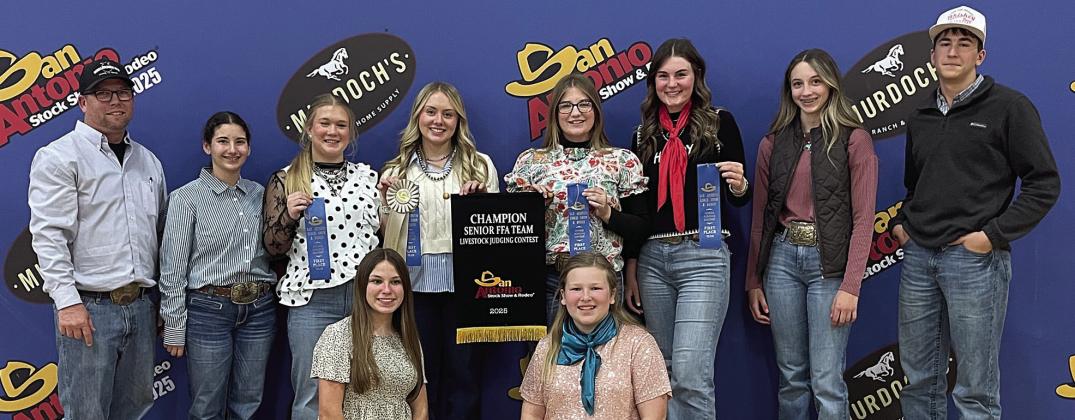 Schulenburg FFA members participating in the Livestock Judging Contest at the San Antonio Livestock Show were (from left) Brad Lux-advisor, Ava Slaton, Haley Schramek, Elle Hammack, Keeley Warnken, Kyrroll Prihoda, Olivia Otto, Madyson Holub, Kimber Bartosch, Koi Prihoda