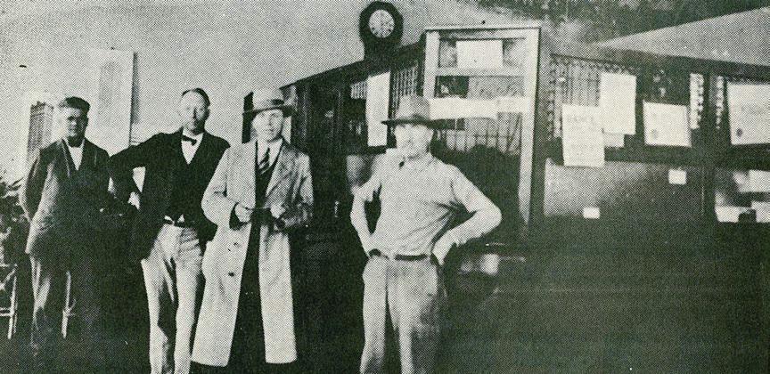 Interior of Carmine State Bank – From left, the men are William Pluekhahn, H.L.F. Doerr Sr., Alfred Blum and W. H. Stuermer. Photo from March 4, 1986 issue of Fayette County Record