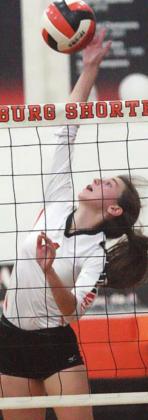 Jordan Sommer sends over one of her 10 kills against Flatonia in game two. Sticker Photo By Darrell Vyvjala