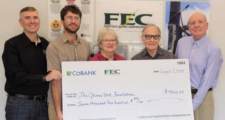 The James Dick Foundation for the Performing Arts received a $7,500 grant from FEC and CoBank. Shown are (from left) FEC General Manager/CEO Doug Lambert, Round Top Festival Institute program director Iverson Eliopoulos, Round Top Festival Institute associate curator of collections Pat Johnson, Round Top Festival Institute founder and artistic director James Dick and Round Top Festival Institute managing director Lamar Lentz.