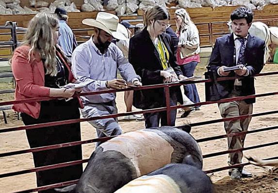 In Qualifying Livestock Judging, the team consisted of (from left) Rheagan Karisch, coach JoJo Carrales, Cassidy Laake, Logan Poncik and (not shown) Harper Mau.