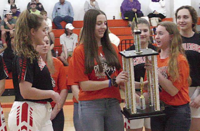 Seniors (from left) Tamara Otto, Mackenzie Kunschick, and Harly Zapalac accept the trophy.