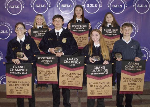 BREEDING SHOW – Front, from left: Carolyn Prihoda, grand champion beef; Blaine Zapalac, grand and reserve champion dairy; Harly Zapalac, grand champion goat; and Wyatt Matura, grand champion swine. Back, from left: Keely Warnken, reserve champion beef; Madyson Holub, reserve champion swine; and Riley Zapalac, reserve champion goat. Sticker Photo By Darrell Vyvjala