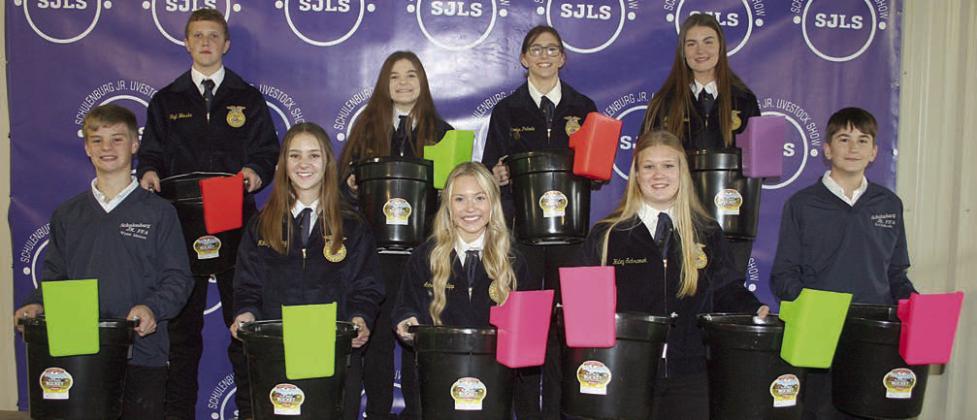 SHOWMANSHIP RESERVE CHAMPIONS – Front, from left: Wyatt Matura, breeding swine; Mikayla Stang, dairy; Annelyse Galipp, rabbit; Haley Schramek, breeding beef and sheep; and Koi Prihoda, goat. Back, from left: Tayt Wenske, steer; Riley Zapalac, breeding doe; Carolyn Prihoda, broilers; and Madyson Holub, swine. Sticker Photo By Darrell Vyvjala