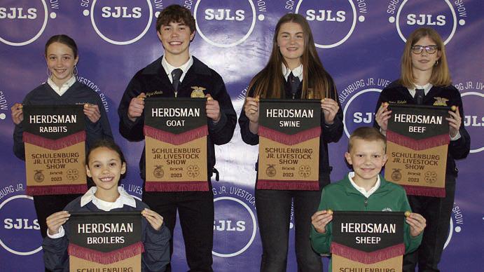 HERDSMAN AWARDS – Front, from left: Mandarynn Hull, broilers; and Holden Holub, sheep; Back, from left: Kimber Bartosch, rabbits; Jayse Janda, goat; Madyson Holub, swine; and Emma Kubala, beef. Winner kept their pens the cleanest throughout the show. Sticker Photo By Darrell Vyvjala