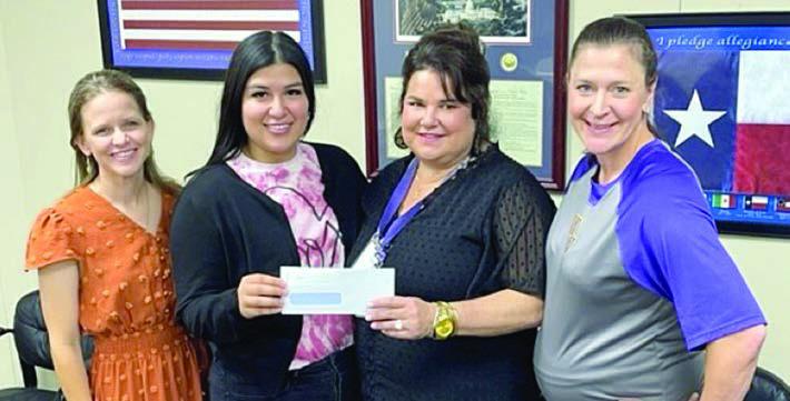 LEFT photo Presentation at Weimar Junior High – (from left) Cheryl Pekarrepresenting Stanzel Family Foundation, Melanie Ramirez-representing Stanzel Family Foundation, Charles Henke and Jill Morrison. right photo Presentation at Weimar High Sc hool – (from left) Cheryl Pekarrepresenting Stanzel Family Foundation, Melanie Ramirez-representing Stanzel Family Foundation, Stacy Heger and Natalie Krejci.