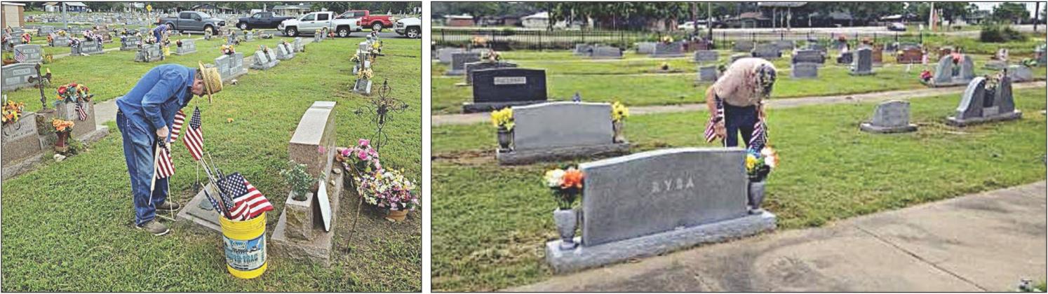 IN HONOR OF MEMORIAL DAY, U.S. flags were placed on the graves of deceased veterans through an annual project of local veterans organizations. The photos above show flags being placed at the St. Rose of Lima Catholic Cemetery.