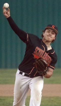 Ian Reeves delivers a strikeout pitch for one of his eight Ks on March 24. Sticker Photo By Darrell Vyvjala