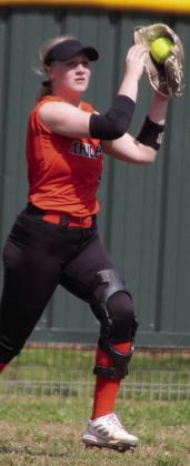 Angel Davis secures an inning-ending fly ball in left field to keep Snook off the scoreboard in the top of the third inning. Sticker Photo By Darrell Vyvjala