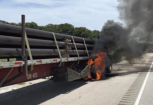 On Highway 71 eastbound near West Point, the La Grange Volunteer Fire Department extinguished a fire in the rear front axle/tires of an 18-wheeler hauling pipe. Photos Courtesy of Fayette County Sheriff's Office