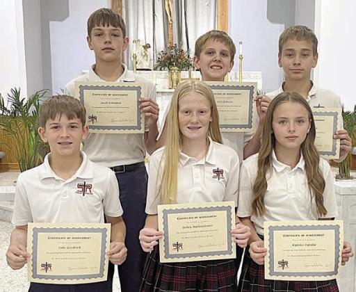 HONOR ROLL 6th Gr ade – (front row, from left) Luke Goedrich, Briley Hartensteiner, Kynslee Zapalac, (back row) Jacob Schramek, Levi Johnson and Justin Schramek.