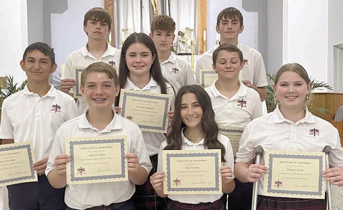 HONOR ROLL 7th Gr ade – (front row, from left) Patrick Taylor, Lilly Wotipka, Brynlee Berger, (middle row) Dylan Zweschper, Charlotte Schmidt, Cannon Lykke, (back row) Bryson Ohnheiser, Austin Reeves and Kaleb Zapalac.