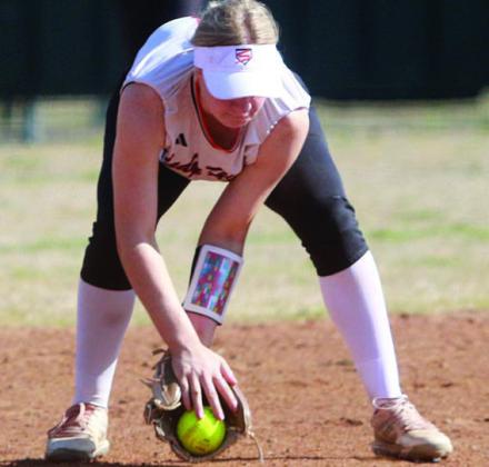 Schulenburg shortstop Angel Davis secures a ground ball to get a Lady Viking out Saturday morning. Sticker Photo By Darrell Vyvjala