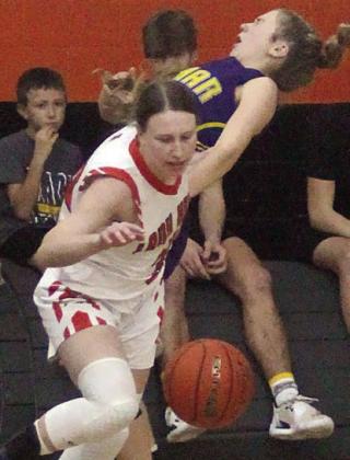 Hope Hammack cuts in front of a Ladycat for a steal in the second half Friday. Sticker Photo By Darrell Vyvjala