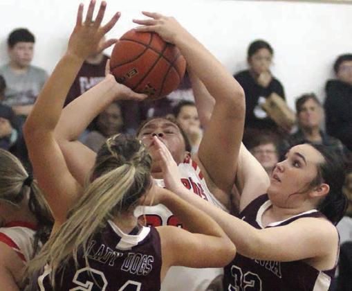 Arianna Vincent gets fouled by a Lady Bulldog on a shot in the lane in the first half. Sticker Photo By Darrell Vyvjala