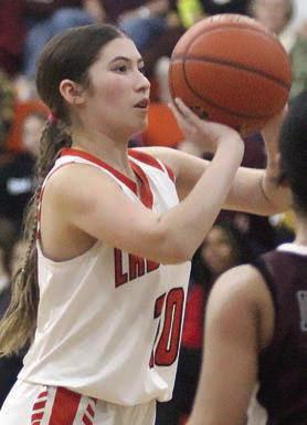 Gracie Burton sets for a three-pointer in the second half Friday. Sticker Photo By Darrell Vyvjala