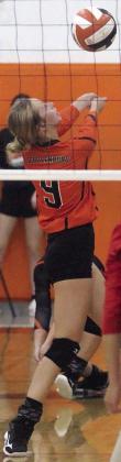 Michaela Kollmann gets one of her 34 digs against Columbus in the first set. Sticker Photo By Darrell Vyvjala