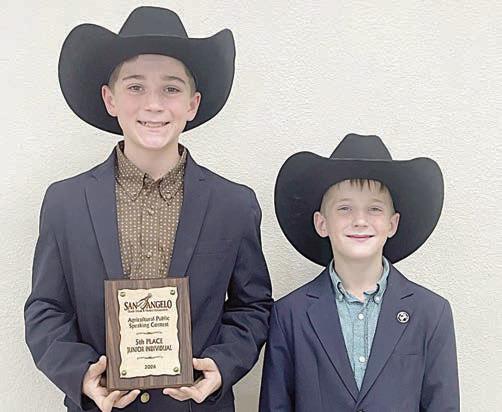 Crockett Guenther (left) and Rowdy Guenther (right), both members of the Schulenburg 4-H Club, competed in the San Angelo Livestock Show Agricultural Public Speaking Contest on Saturday, Feb. 7. Crockett was fifth overall in the junior division and his topic was “Marketing Behind the Label.” Rowdy also competed in the junior division and his speech title was “Value of the Red Hide.”