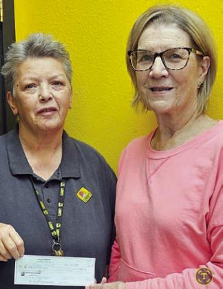 A donation to Parkview Manor in Weimar to go toward bingo was made by Lodge 14. Tammy Vincent (left) accepted the check from Mary K. Seifert (right), representing Lodge 14.