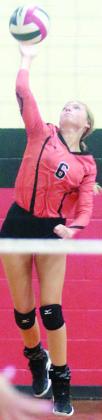 Michaela Kollmann serves an ace during the Columbus tournament. Sticker Photo By Darrell Vyvjala