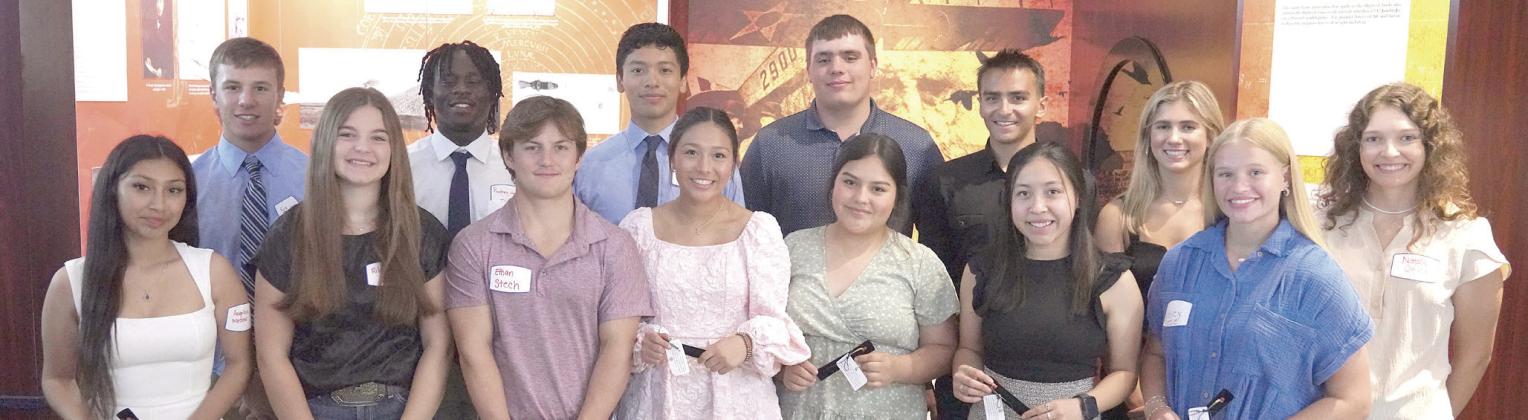 Stanzel Scholars for 2024 attending the Scholar Social were (front row, from left) Angelica Medina, Riley Zapalac, Ethan Stech, Chloe Grifaldo, Ericka Arvizu, Emily Guzman, Ashley Treece, (back row) Bryce Stoever, Rodney Walton Jr., Nicolas Lopez, Brendan Brandt, Morgan Westfall, Izabela Reeves and Natalie Osina. Stanzel Scholars not shown are Haylie Goode, Rilee Sanchez, Annelyse Galipp and Marcus Castillo.