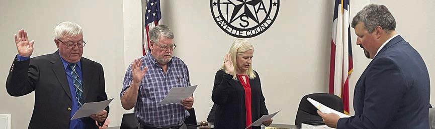 Taking the oath of office for two-year terms on the City Council are (from left) Roger Moellenberndt, Clarence Ahlschlager, and Kathy Kleiber. City Secretary Mason Florus (right) issued the oath at last week’s meeting. With all three unopposed, no election was held in May. Moellenberndt, who formerly served as mayor, takes over as Place 3 alderman while Kleiber assumes Place 5 and Ahlschlager continues in Place 4. Incumbents Larry Veselka and Scott Stoner chose not to seek re-election. Sticker Photo