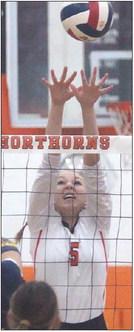 Brooke Redding contests a Poth attack in the third set. Sticker Photo By Darrell Vyvjala