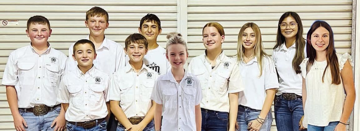 Schulenburg 4-H CLU B OFFICERS – (front row, from left) Gage Smrkovsky, council delegate; Crockett Guenther, vice president; Riley Wright, historian; (back row) Abraham McBride, council delegate; Holden Holub, parliamentarian; Dylan Zweschper, health and safety officer; Kylee Hoffmann, president; Brennan Chudej, treasurer; Keenly Martinez, reporter; and Ellie Hammack, secretary.