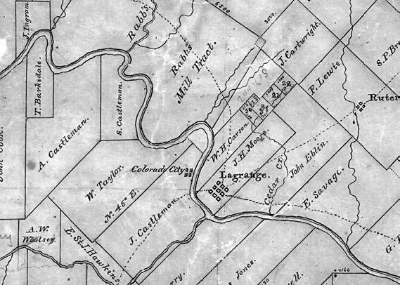 Detail from an 1840 map of Fayette County drawn by W. H. Sandusky that includes the S. Castleman half league. The original map is in Austin at the Texas General Land Office.