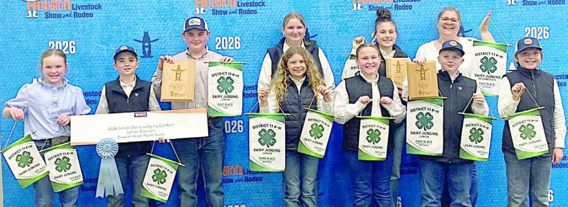 Fayette County 4-H’ers participating in the Houston Livestock Show &amp;amp; Rodeo Dairy Judging Contest were (from left) Abigale McBride, Gage Smrkovksy, Abraham McBride, Catelyn Bosl-front, Zoey Krenek, Janie Jarvis, Jessa Jarvis, Wyatt Smrkovksy-front, coach Jennifer Miksch and Brooks Dittert.