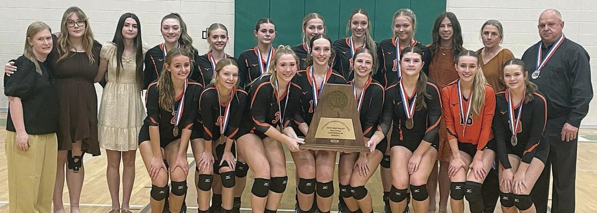 Front, from left: Miranda Bonner, Michaela Kollmann, Reagan Dusek, Grace Schramek, Clara Magliolo, Landry Zapalac, Jenna Guentert, and Kerr McBride. Back, from left: Assistant coach Carol Hargadine, manager Cora Brenek, manager Ava Faith, Greenli VanZandt, Mallory Bonner, Haylee Vacek, Saybra Pinney, Kimber Bartosch, Aubryn Janda, manager Courtney Magliolo, assistant coach Melissa Zapalac, and head coach Donald Zapalac. Sticker Photo By Darrell Vyvjala