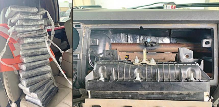 The 17 kilos of cocaine, shown stacked at left, were concealed in an aftermarket compartment built into the dash of the pickup (right photo).
