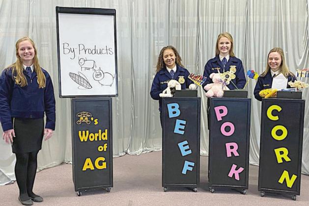 FIRST PLACE AT STATE – Schulenburg FFA’s Ag Advocacy team, (from left) Regan Lux, Kieryn Adams, Taylor Limbaugh, and Annelyse Galipp, brought home a first-place finish in the state FFA’s virtual competition with their presentation covering agriculture by-products derived from three commodities.