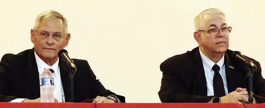 State representative candidates Dennis Geesaman (left) and Stan Kitzman (right) answer questions at Saturday’s forum. Photo By Melanie Berger / Courtesy of Flatonia Argus