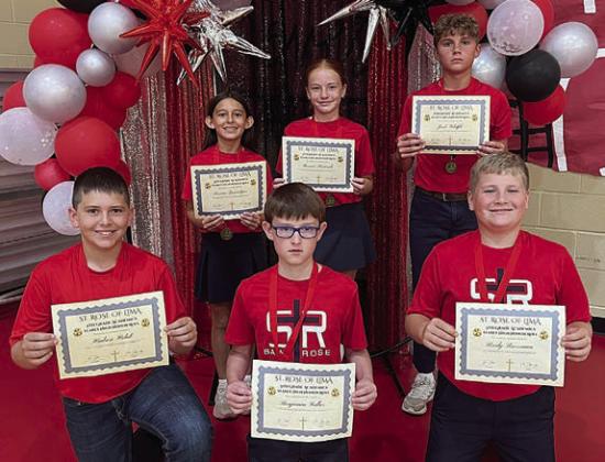 Grades 5-6 Yearly High Honors – (front row, from left) Hudson Holub, Ben Sedlar, Brody Brossmann, (back rw) Emma Zweschper, Rowan Heinrich and Jack Schiffli.