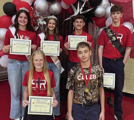 Grades 7-8 Yearly High Honors – (front row, from left) Briley Hartensteiner, Justin Schramek, (back row) Charlotte Schmidt, Clare Besetzny, Cal Schiffli, Austin Reeves and (not shown) Luke Goedrich.