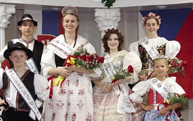 Texas Czech Heritage Society Royalty – (from left) Texas Czech-Slovak Little Prince John Buzek from Lavaca County, Texas Czech-Slovak King Karson Haygood from McLennan-Hill, Miss Texas Czech-Slovak Queen Madelyn Karstedt from Fayette County, first runner-up Miss Texas Czech-Slovak Queen Sophie Bynum from McLennan-Hill, Miss Texas Czech-Slovak Junior Queen Allison Pustejovsky from McLennan-Hill and Miss Texas Czech-Slovak Little Princess Arabella Chamberlain from McLennan-Hill.