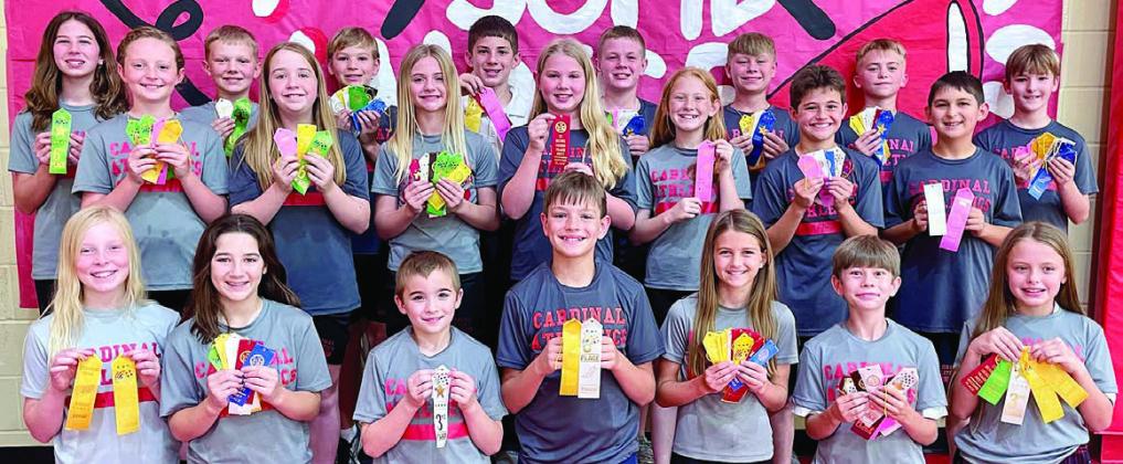 Grades 4-6 track participants were (front row, from left) Brynn Bubela, Ellie Wotipka, Gage Smrkovsky, Jacob Schramek, Claire Besetzny, Barret Redman, Kynslee Zapalac, (middle row) Caroline Bartek, Reese Dusek, Mallory Bonner, Brynlee Berger, Avery Hartensteiner, Cal Schiffli, Dillon Zweschper, (back row) Courtney Magliolo, Holden Holub, Gatlin Matura, William Eudy, Bo Brossmann, Brett Hollas, Weston Hollas and Austin Reeves.