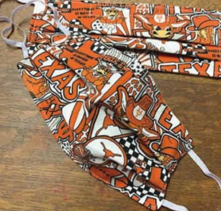 Specialty masks such as The University of Texas Longhorn masks above can be requested. NVCC can also add bling, initials, etc.