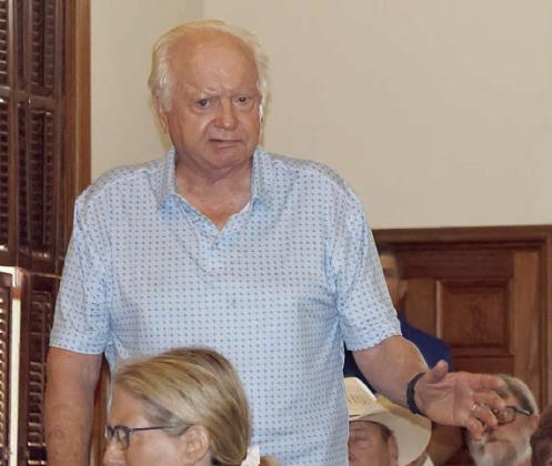 Former Fayette County Judge Ed Janecka expresses his concerns with the wind turbine project during last Thursday’s Commissioners Court meeting. Photo By Melanie Berger / Courtesy of Flatonia Argus